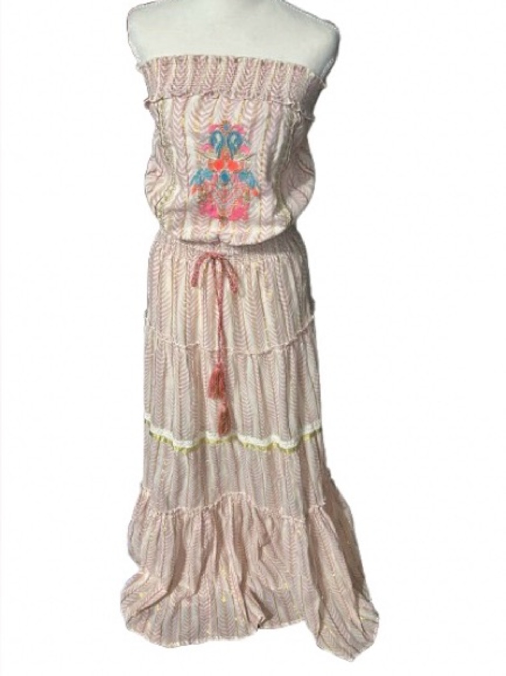 Cotton Embroidered VENUS Extra Small Strapless Maxi Gold Pink Aqua  Dress Boho